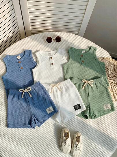 SHEIN 6 قطع/مجموعة طقم سترة وشورت قطن مضفر لطيف للأطفال الصبيان، متعدد الألوان، صيفي