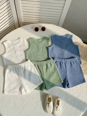 SHEIN 6 قطع/مجموعة طقم سترة وشورت قطن مضفر لطيف للأطفال الصبيان، متعدد الألوان، صيفي