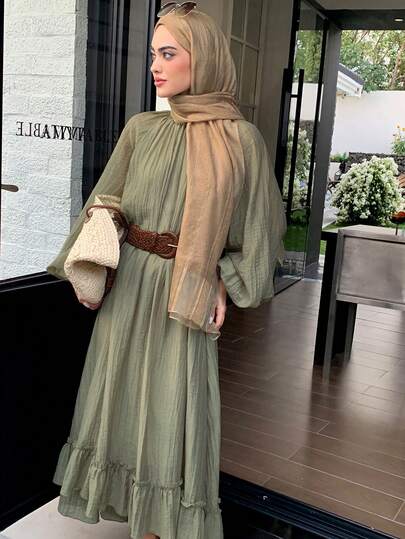 Solavon رمضان فستان نسائي كاجوال بلون أحادي مع كشكشة مطوية على الهيئة العربية، خريفي