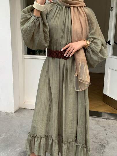 Solavon رمضان فستان نسائي كاجوال بلون أحادي مع كشكشة مطوية على الهيئة العربية، خريفي
