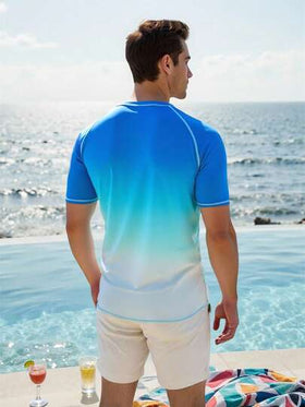 Manfinity Swimmode بلوزة رجالية بأكمام قصيرة من نوع راجلان مطبوعة بأشجار النخيل