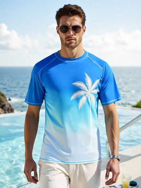 Manfinity Swimmode بلوزة رجالية بأكمام قصيرة من نوع راجلان مطبوعة بأشجار النخيل