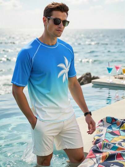 Manfinity Swimmode بلوزة رجالية بأكمام قصيرة من نوع راجلان مطبوعة بأشجار النخيل