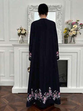 Yasmyna رمضان عباءة نسائية فضفاضة أنيقة مطرزة بالزهور وتصميم رقعي، بأكمام طويلة