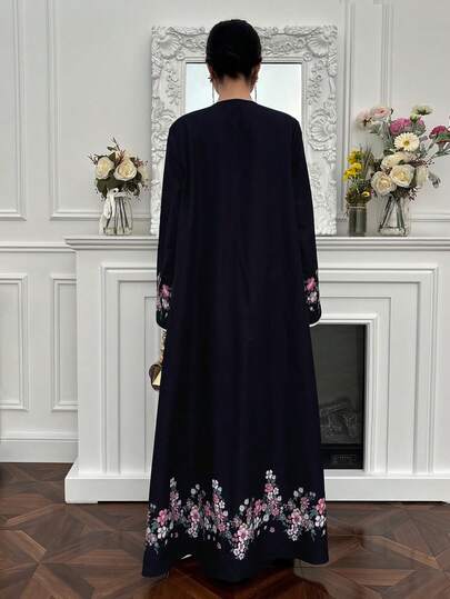 Yasmyna رمضان عباءة نسائية فضفاضة أنيقة مطرزة بالزهور وتصميم رقعي، بأكمام طويلة