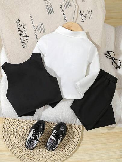 SHEIN 3 قطع طقم ملابس رسمي لطفل ولد بطراز جنتلمان، قميص أبيض بأكمام طويلة مع فراشة عنق + سترة ذات صدر مزدوج + بنطلون، مناسب لحفلات عيد الميلاد وحفلات المساء والزفاف والمناسبات الرسمية الأخرى مثل عيد الميلاد الأول والمعمودية، ملابس طفل أنيقة وأنيقة للزفاف