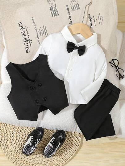 SHEIN 3 قطع طقم ملابس رسمي لطفل ولد بطراز جنتلمان، قميص أبيض بأكمام طويلة مع فراشة عنق + سترة ذات صدر مزدوج + بنطلون، مناسب لحفلات عيد الميلاد وحفلات المساء والزفاف والمناسبات الرسمية الأخرى مثل عيد الميلاد الأول والمعمودية، ملابس طفل أنيقة وأنيقة للزفاف