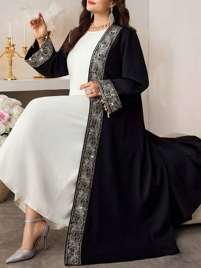 Al Najma رمضان عباءة طويلة مفتوحة من الأمام، كم طويل متعدد الاستخدامات، مزينة بشريط وشرابات وزخارف نباتية، طراز أنيق وفاخر مقاسات كبيرة للسيدات
