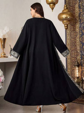 Al Najma رمضان عباءة طويلة مفتوحة من الأمام، كم طويل متعدد الاستخدامات، مزينة بشريط وشرابات وزخارف نباتية، طراز أنيق وفاخر مقاسات كبيرة للسيدات
