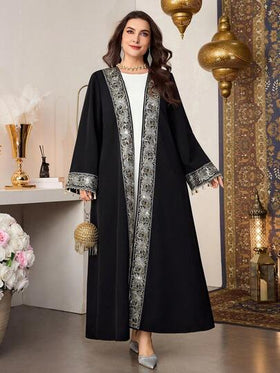 Al Najma رمضان عباءة طويلة مفتوحة من الأمام، كم طويل متعدد الاستخدامات، مزينة بشريط وشرابات وزخارف نباتية، طراز أنيق وفاخر مقاسات كبيرة للسيدات