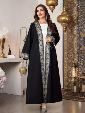 Al Najma رمضان عباءة طويلة مفتوحة من الأمام، كم طويل متعدد الاستخدامات، مزينة بشريط وشرابات وزخارف نباتية، طراز أنيق وفاخر مقاسات كبيرة للسيدات