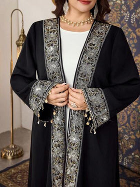 Al Najma رمضان عباءة طويلة مفتوحة من الأمام، كم طويل متعدد الاستخدامات، مزينة بشريط وشرابات وزخارف نباتية، طراز أنيق وفاخر مقاسات كبيرة للسيدات