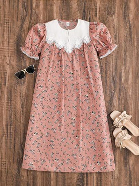 SHEIN فستان كاجوال مريح للفتيات المراهقات بأكمام منتفخة وألوان متباينة مع طبعات زهرية