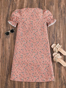 SHEIN فستان كاجوال مريح للفتيات المراهقات بأكمام منتفخة وألوان متباينة مع طبعات زهرية