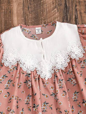 SHEIN فستان كاجوال مريح للفتيات المراهقات بأكمام منتفخة وألوان متباينة مع طبعات زهرية