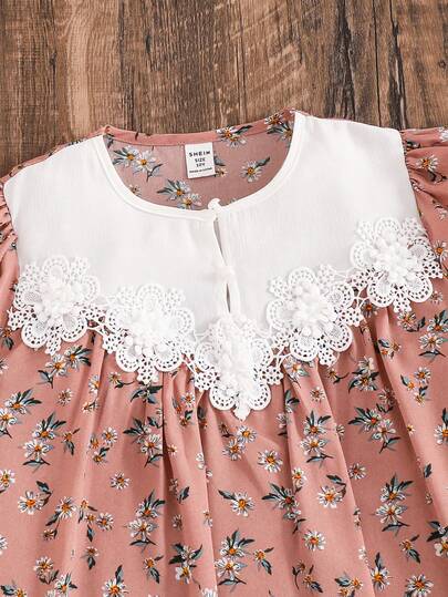 SHEIN فستان كاجوال مريح للفتيات المراهقات بأكمام منتفخة وألوان متباينة مع طبعات زهرية