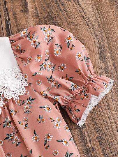 SHEIN فستان كاجوال مريح للفتيات المراهقات بأكمام منتفخة وألوان متباينة مع طبعات زهرية