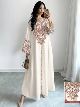 SHEIN Najma رمضان فستان ماكسي أنيق بطبعة رقمية ملونة بنمط الكرمة، طويل الأكمام وياقة على شكل حرف V، للربيع والخريف