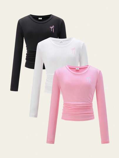 SHEIN Explorewe 3 قطع/مجموعة قميص بناتي وردي بفيونكة، بطراز راقص الباليه، مناسب للخروجات والارتداء اليومي العادي، للعودة إلى المدرسة، للربيع/الخريف