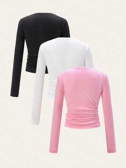 SHEIN Explorewe 3 قطع/مجموعة قميص بناتي وردي بفيونكة، بطراز راقص الباليه، مناسب للخروجات والارتداء اليومي العادي، للعودة إلى المدرسة، للربيع/الخريف