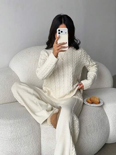 طقم كنزة صوفية وبنطلون محبوك سميك للنساء، طقم كاجوال محبوك بتصميم ريب لفصلي الخريف والشتاء، قماش مطاطي قليلاً