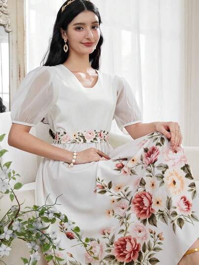 SHEIN رمضان فستان طباعة زهرية منسوج أنيق بياقة على شكل حرف V وأكمام منتفخة، فستان ماكسي كاجوال للمراهقات والفتيات، مناسب للارتداء اليومي والعطلات والأوقات الحرة
