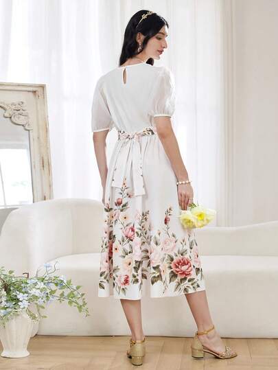 SHEIN رمضان فستان طباعة زهرية منسوج أنيق بياقة على شكل حرف V وأكمام منتفخة، فستان ماكسي كاجوال للمراهقات والفتيات، مناسب للارتداء اليومي والعطلات والأوقات الحرة
