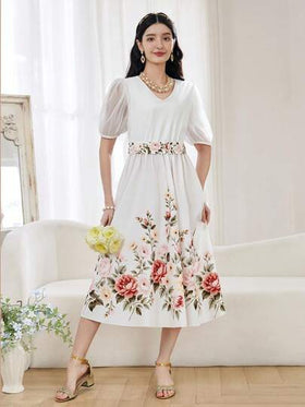SHEIN رمضان فستان طباعة زهرية منسوج أنيق بياقة على شكل حرف V وأكمام منتفخة، فستان ماكسي كاجوال للمراهقات والفتيات، مناسب للارتداء اليومي والعطلات والأوقات الحرة