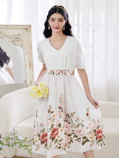 SHEIN رمضان فستان طباعة زهرية منسوج أنيق بياقة على شكل حرف V وأكمام منتفخة، فستان ماكسي كاجوال للمراهقات والفتيات، مناسب للارتداء اليومي والعطلات والأوقات الحرة