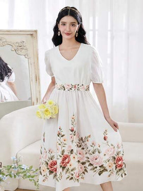 SHEIN رمضان فستان طباعة زهرية منسوج أنيق بياقة على شكل حرف V وأكمام منتفخة، فستان ماكسي كاجوال للمراهقات والفتيات، مناسب للارتداء اليومي والعطلات والأوقات الحرة