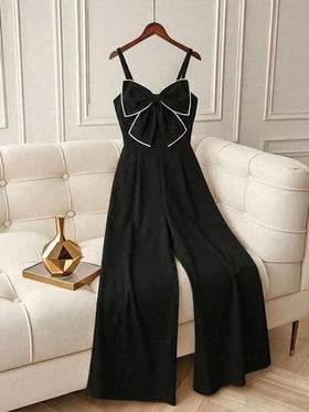 SHEIN جمبسوت سباغيتي بحمالات بنمط قماش منسوج، تصميم فرنسي بفيونكة، موضة راقية متميزة، بتصميم مستقيم ضيق مع ساق مستقيمة، مناسبة للربيع والصيف