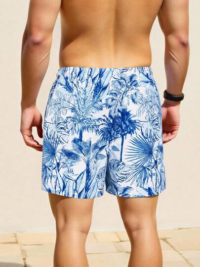 Manfinity Swimmode شورت شاطئ رجالي بخصر رباط مطبوع بطبعة استوائية، صيفي