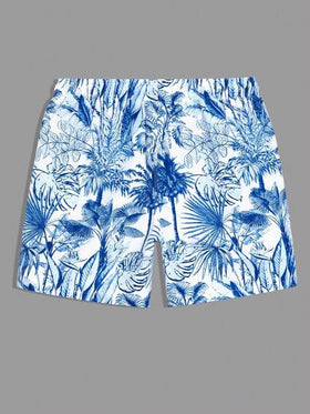 Manfinity Swimmode شورت شاطئ رجالي بخصر رباط مطبوع بطبعة استوائية، صيفي