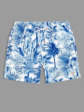 Manfinity Swimmode شورت شاطئ رجالي بخصر رباط مطبوع بطبعة استوائية، صيفي