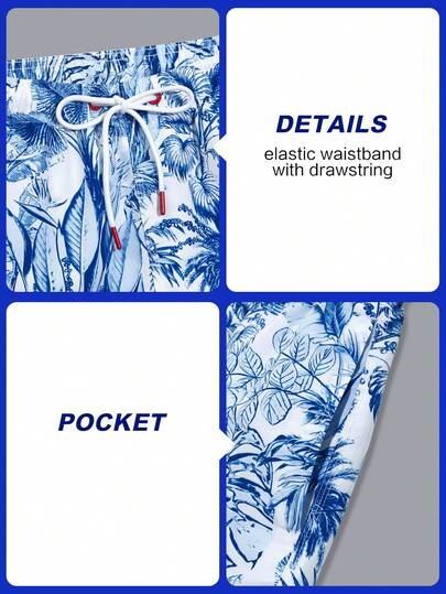 Manfinity Swimmode شورت شاطئ رجالي بخصر رباط مطبوع بطبعة استوائية، صيفي
