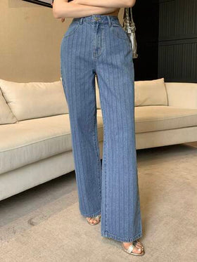 DAZY سراويل جينز نسائية بقصة مستقيمة للساق، بنمط مخطط منسوج، قصة فضفاضة، مناسبة للتنقل، بطراز فينتاج، موسم الخريف/الربيع Y2k