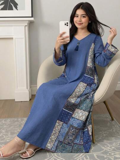 SHEIN فستان كاجوال أزرق للمراهقات بياقة على شكل حرف V وأكمام طويلة، فستان بياقة على شكل حرف V فضفاض بطراز عربي، فستان بناتي للربيع والخريف، للارتداء اليومي، فستان جلابية عربي