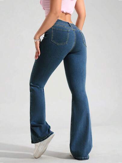 SHEIN PETITE سراويل جينز مناسبة للنساء، مرنة وضيقة المقطع وواسعة السفل ، متعددة الاستخدامات