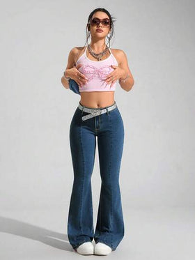 SHEIN PETITE سراويل جينز مناسبة للنساء، مرنة وضيقة المقطع وواسعة السفل ، متعددة الاستخدامات