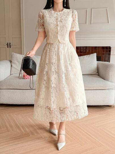 DAZY بلوزة أنيقة بياقة دائرية وأكمام منتفخة مصنوعة من الدانتيل وتنورة على شكل حرف A قطعتان، مناسبة للربيع والصيف، فستان لضيوف حفل الزفاف للنساء
