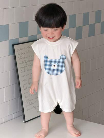 Dazy Kids رومبير رضيع/طفل صبي مريحة بطبعات الدب الكرتونية المربعة بدون أكمام