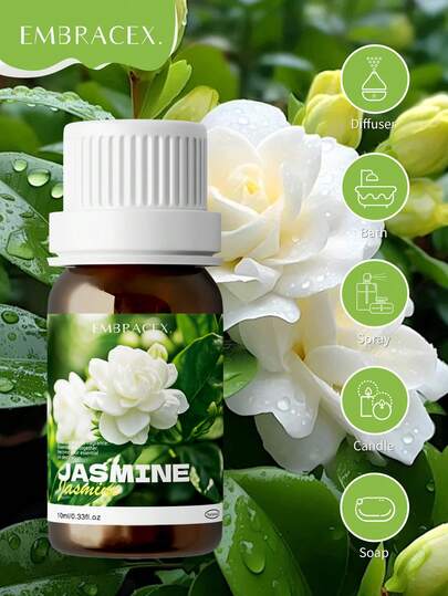 EMBRACEX. زيت الياسمين الأساسي 10مل، 100% زيت ياسمين نقي، مناسب لجهاز تبخير العطور، صناعة الصابون DIY، اليوغا المنزلي، يخلق رائحة رومانسية، 100% طبيعي، نباتي، مجموعة هدايا
