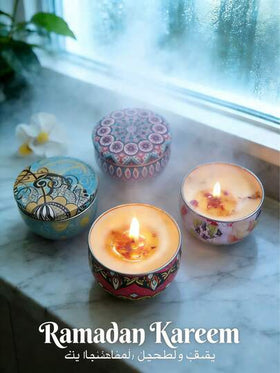 1 طقم هدية شمع معطر لزينة رمضان - شموع شمع الصويا الطبيعي ، علبة معدنية بطبعة بوهيمية هندسية - ديكور منزلي إسلامي لرمضان ، مناسب كهدايا لعيد الفطر وعيد الأضحى
