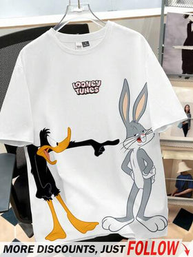 Looney Tunes X Manfinity Manfinity Joysei قميص تي شيرت قصير الأكمام كاجوال مطبوع برسوم كرتونية حيوانية للرجال، صيفي
