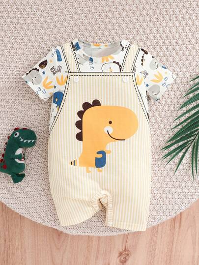 SHEIN Playful Pals رومبير رضيع ولد مطبوعة بطبعة ديناصور لطيفة وناعمة ومريحة، مناسبة للارتداء اليومي، هدية عيد