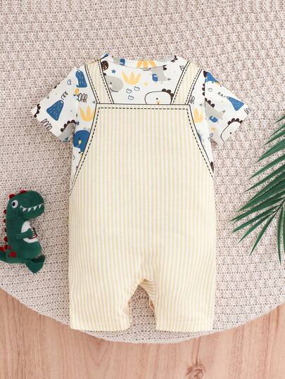 SHEIN Playful Pals رومبير رضيع ولد مطبوعة بطبعة ديناصور لطيفة وناعمة ومريحة، مناسبة للارتداء اليومي، هدية عيد