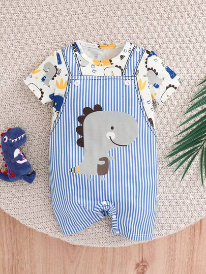 SHEIN Playful Pals رومبير رضيع ولد مطبوعة بطبعة ديناصور لطيفة ناعمة ومريحة، مناسبة للخروجات اليومية، هدية عيد