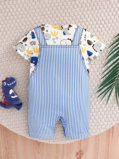 SHEIN Playful Pals رومبير رضيع ولد مطبوعة بطبعة ديناصور لطيفة ناعمة ومريحة، مناسبة للخروجات اليومية، هدية عيد