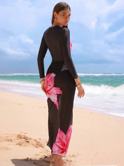 Swim Shayni مجموعة ملابس سباحة محتشمة مكونة من 3 قطع بطبعة زهرية على الطراز الشرق أوسطي: بدلة سباحة قطعة واحدة + بنطلون + تنورة ماكسي شبكية، غطاء للشاطئ، صيفي
