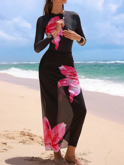 Swim Shayni مجموعة ملابس سباحة محتشمة مكونة من 3 قطع بطبعة زهرية على الطراز الشرق أوسطي: بدلة سباحة قطعة واحدة + بنطلون + تنورة ماكسي شبكية، غطاء للشاطئ، صيفي
